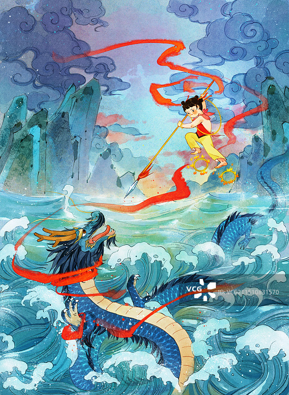 哪吒闹海插画图片素材