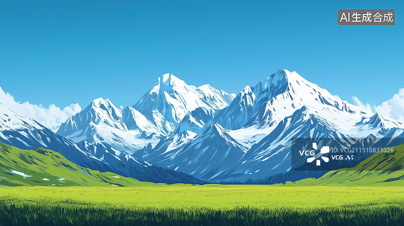 【AI数字艺术】清新明亮绿色辽阔草原起伏的雪山插画绘画图片素材