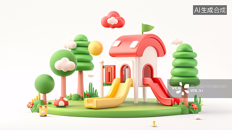 【AI数字艺术】六一儿童节亲子乐园儿童游乐场童年3D插画图片素材