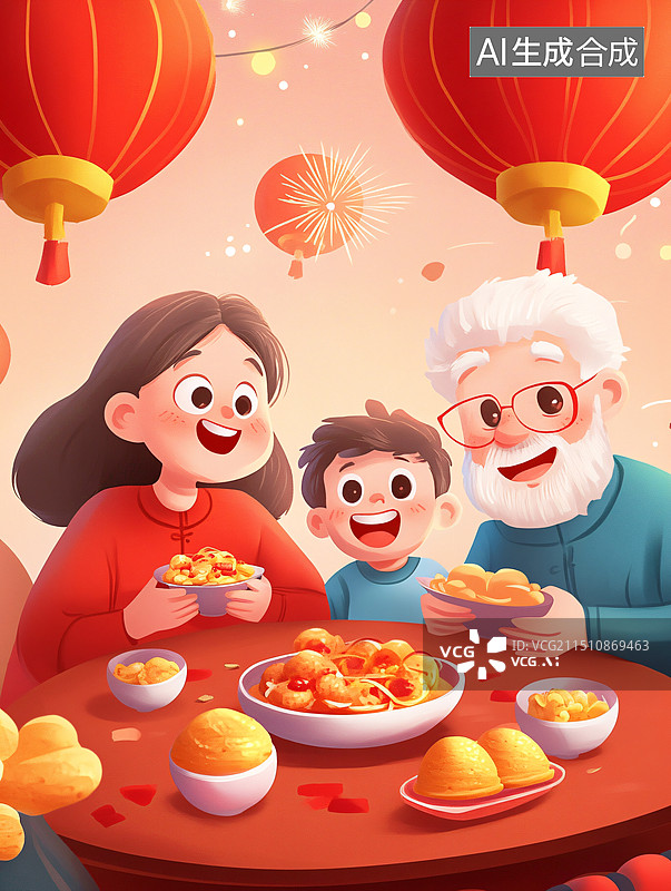 【AI数字艺术】中国传统节日中秋节年夜饭家人团聚插画图片素材