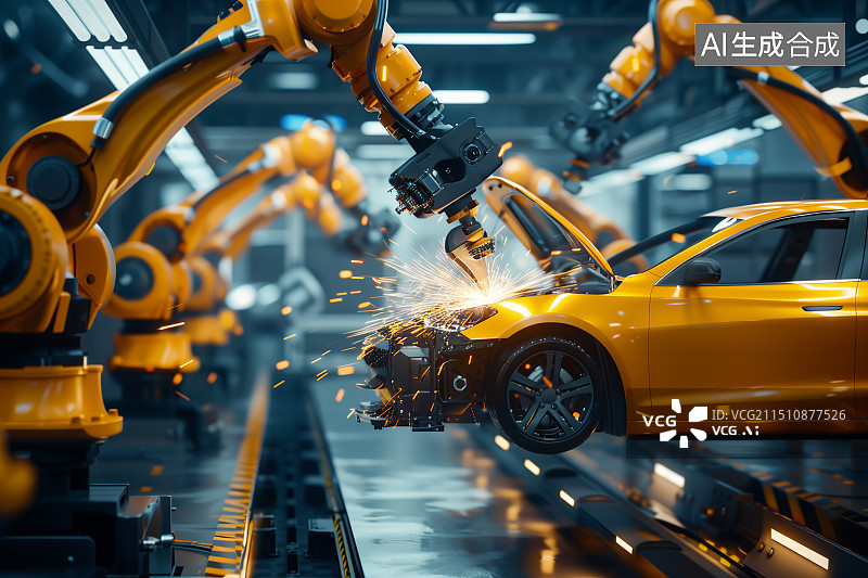 【AI数字艺术】一个自动化的汽车工厂，机械臂在工作图片素材