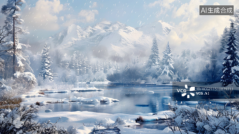 【AI数字艺术】AIGC：冬季森林湖泊景观图片素材