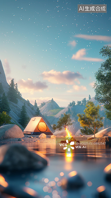 【AI数字艺术】夏天森林度假旅游海报——森林里搭帐篷露营图片素材