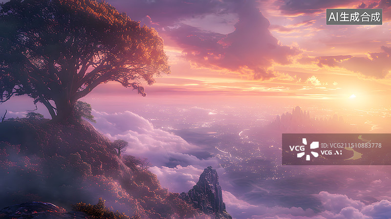 【AI数字艺术】AIGC：日落时的自然风景，重阳节登高，背景海报插图图片素材