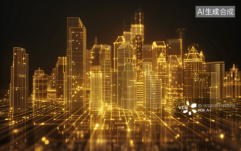 【AI数字艺术】金色科技光线发光城市建筑图片素材