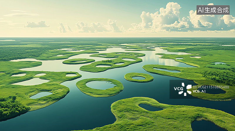 【AI数字艺术】清新明亮俯视航拍鸟瞰湿地湖泊的水草水藻插画图片素材