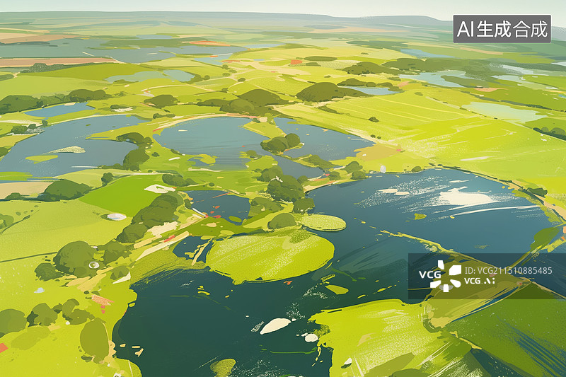 【AI数字艺术】清新明亮俯视航拍鸟瞰湿地湖泊的水草水藻插画图片素材