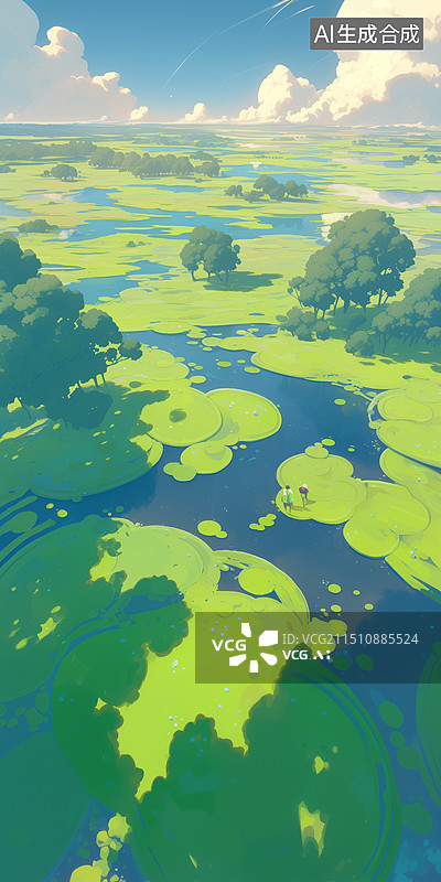 【AI数字艺术】清新明亮俯视航拍鸟瞰湿地湖泊的水草水藻插画图片素材