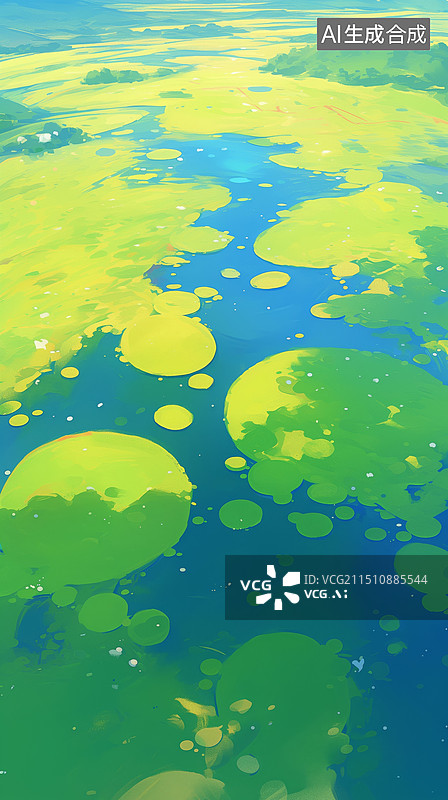 【AI数字艺术】清新明亮俯视航拍鸟瞰湿地湖泊的水草水藻插画图片素材