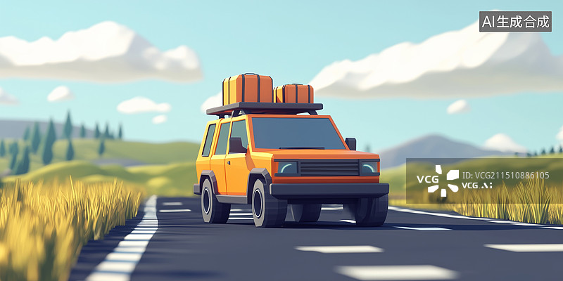 【AI数字艺术】辽阔原野公路上行驶的载着行李箱的汽车插画图片素材
