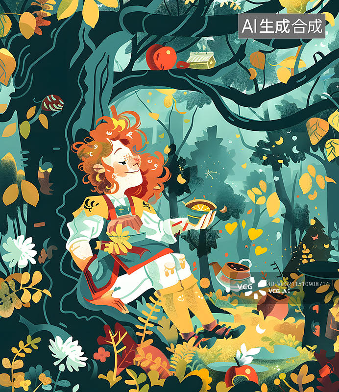 【AI数字艺术】女孩在森林里喝茶图片素材