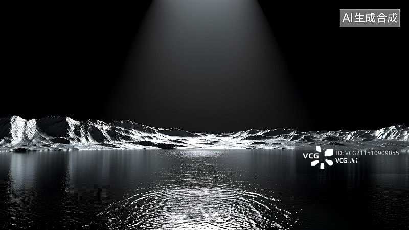 【AI数字艺术】艺术感黑色背景上的电子商务产品场景图，广告背景图，水面上的银白色山脉，展示空间，展台图片素材