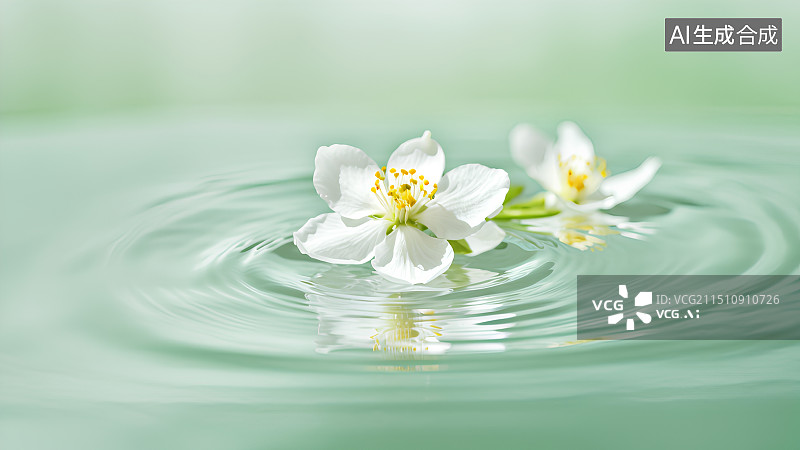 【AI数字艺术】水中的白色花朵特写，小花，小野花，水面上的水波纹，美妆产品背景图，茶饮电子商务场景图图片素材