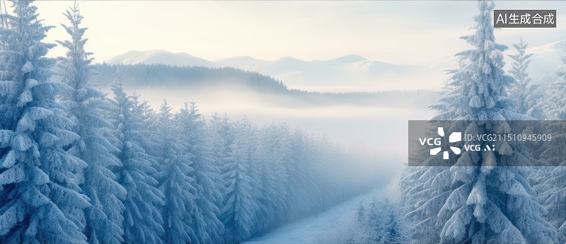 【AI数字艺术】冬季森林雪景晨雾自然风景图片素材