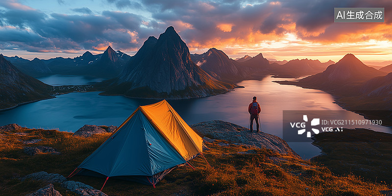 【AI数字艺术】山地骑行者在高地骑行，展现积极生活方式概念。冒险的骑行者在高地崎岖的地形中穿行，展示了身体健康和户外图片素材