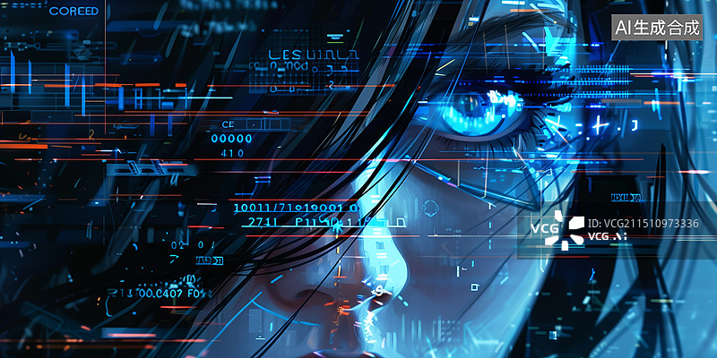 【AI数字艺术】未来感女性赛博格眼部蓝光扫描视网膜检查信息，高科技插图展现先进的人工智能技术和赛博格增强图片素材