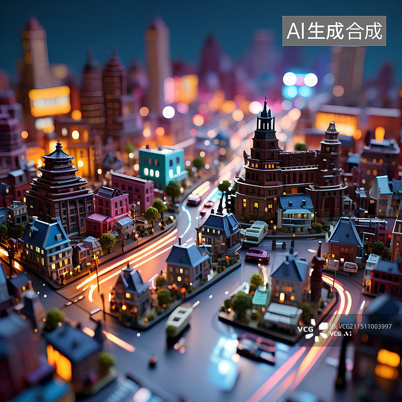 【AI数字艺术】微缩景观、超可爱的粘土世界、一个完美的城市微缩模型，霓虹城市，汽车人流马路.图片素材