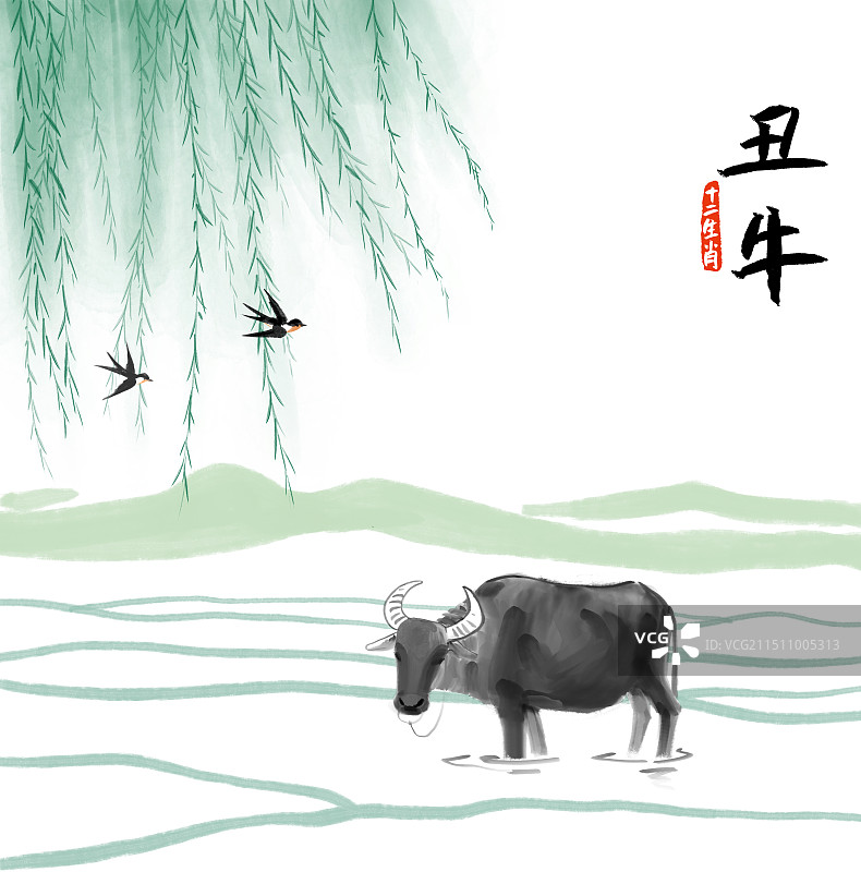 水牛 春天 燕子 田地 丑牛 十二生肖图片素材