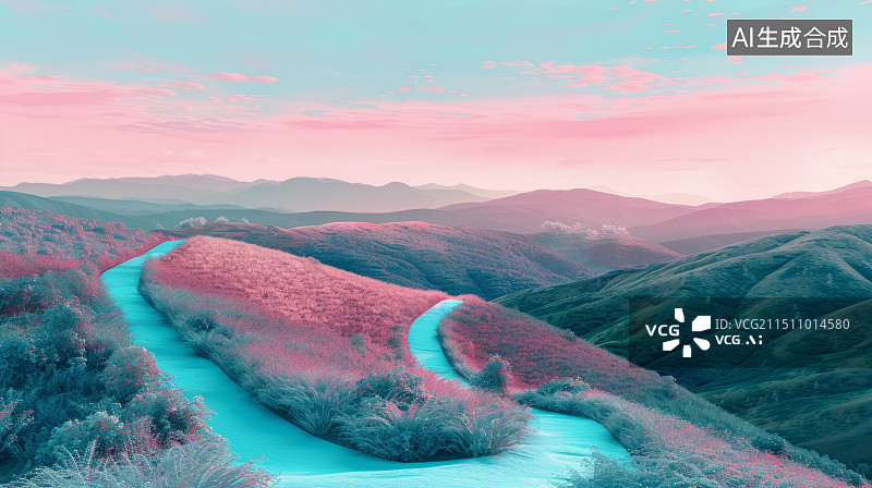 【AI数字艺术】五彩斑斓的弯曲的道路插画图片素材