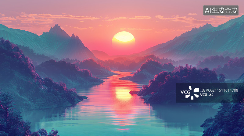 【AI数字艺术】多巴胺配色奇幻梦幻山水插画图片素材