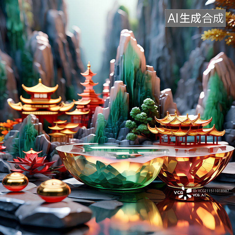 【AI数字艺术】中式山水，彩色琉璃亭台楼阁，金镶玉，微距视角图片素材