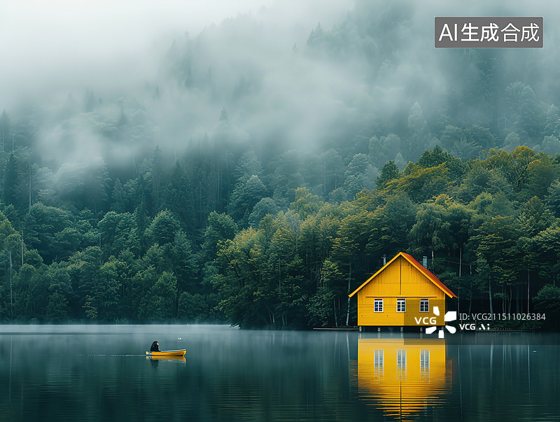【AI数字艺术】湖中小木屋图片素材