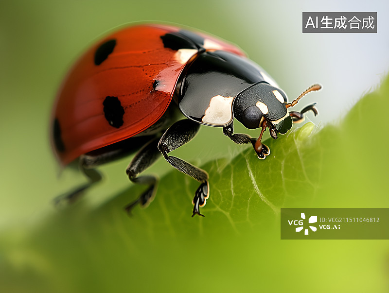 【AI数字艺术】可爱的瓢虫趴在叶子上图片素材