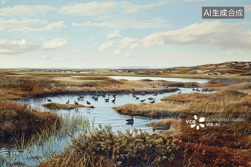 【AI数字艺术】绿色的候鸟栖息生态湿地自然保护区图片素材
