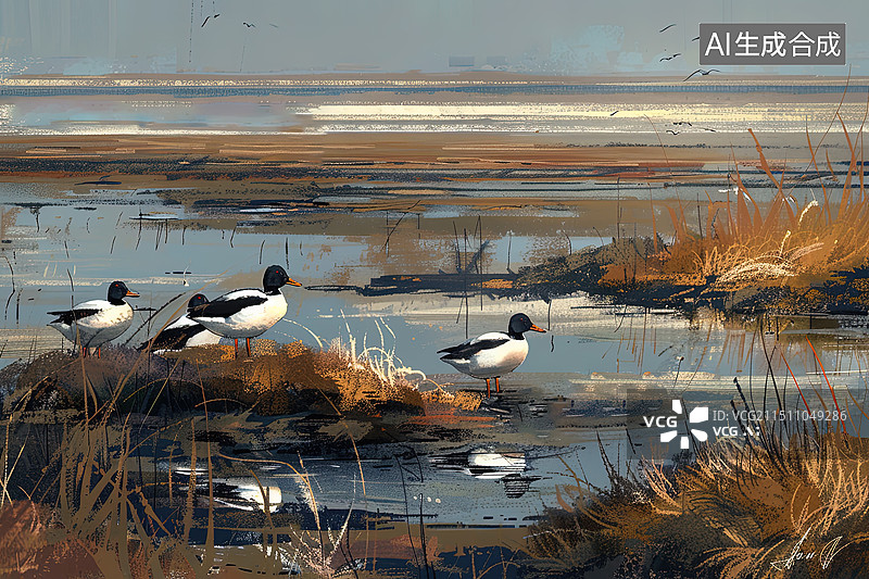 【AI数字艺术】绿色生态候鸟栖息地中的赤膀鸭图片素材