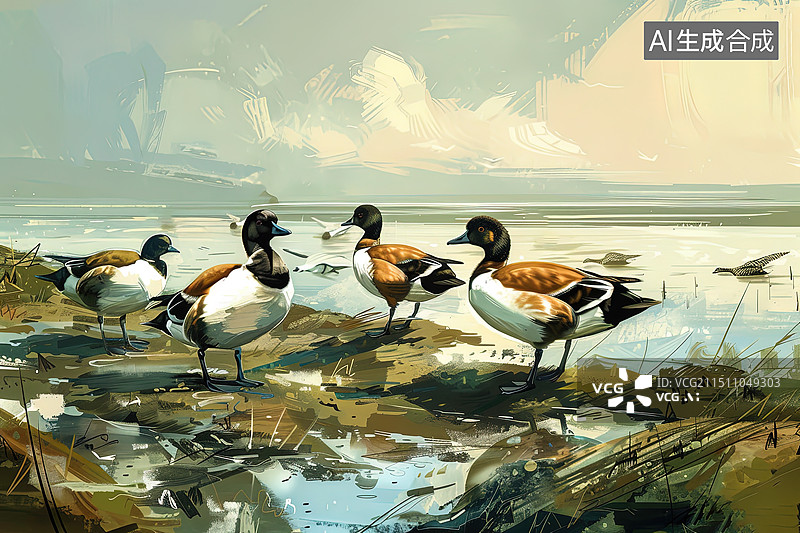 【AI数字艺术】绿色生态候鸟栖息地中的赤膀鸭图片素材