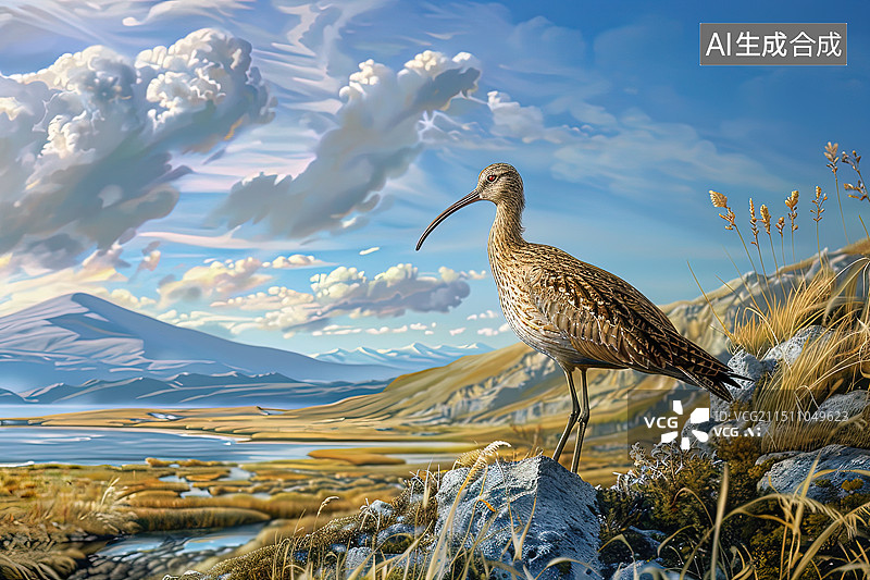 【AI数字艺术】大海湿地自然候鸟栖息地中的大杓鹬图片素材