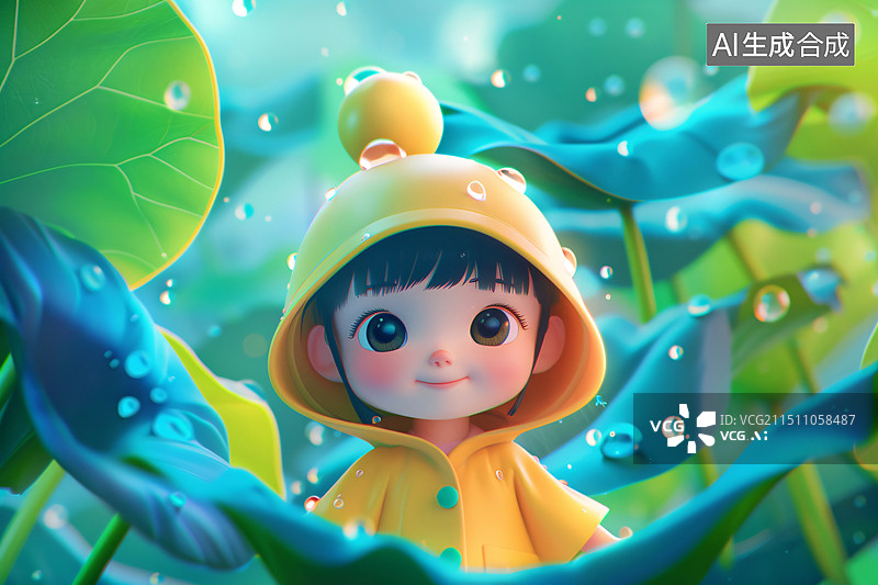 【AI数字艺术】立夏节气女孩穿着雨衣在荷塘玩耍概念插图图片素材