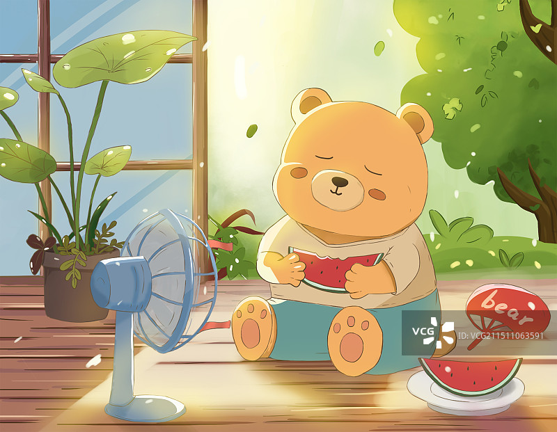 小熊沐浴着阳光在森林小屋里吃西瓜图片素材