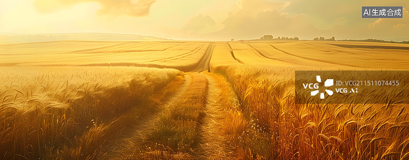 【AI数字艺术】丰收的麦田 金色麦浪绘画插图图片素材