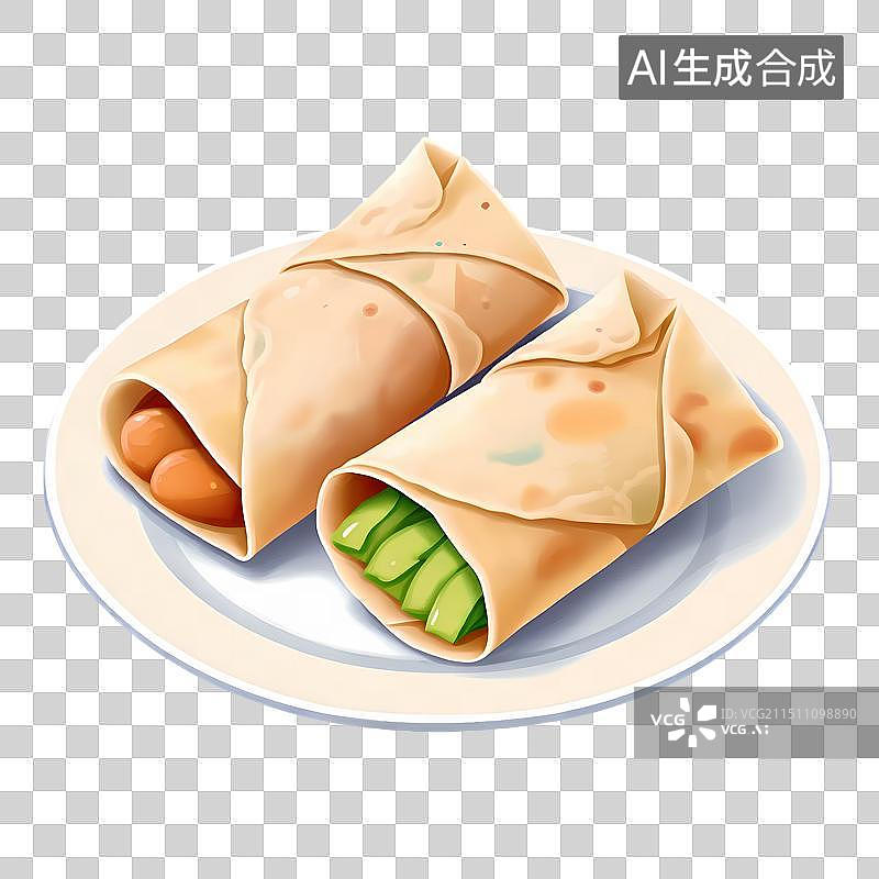 【AI数字艺术】放在盘子里的春卷，卷饼，煎饼，中国传统美食手绘插画，免抠元素图片素材