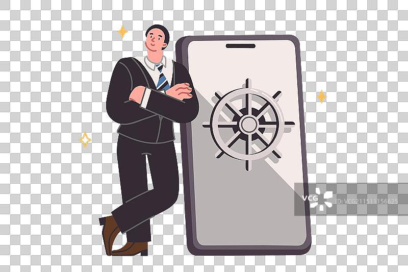 在电话附近，展示保险箱的商人图片素材