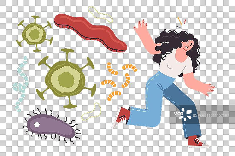 细菌、病毒或病菌追逐奔跑的女人图片素材