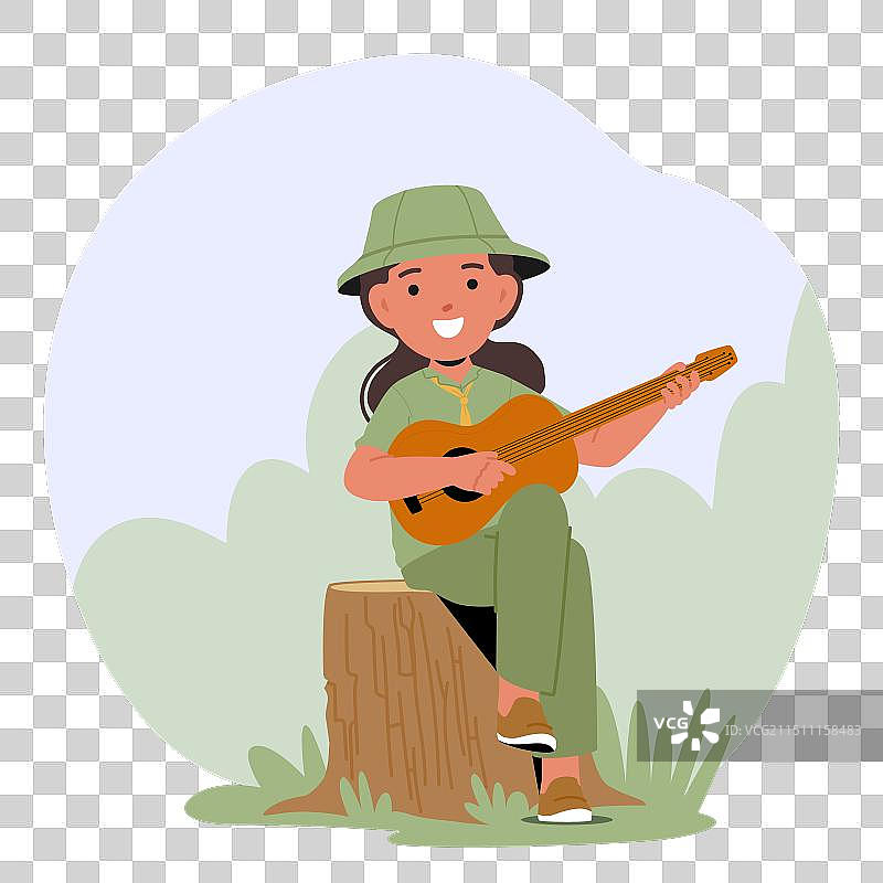 年轻女童军坐在树桩上弹吉他图片素材