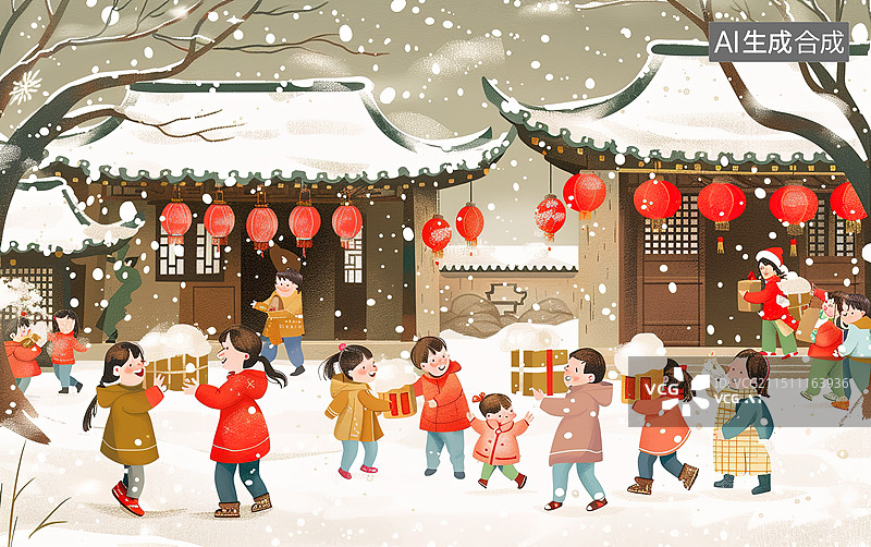 【AI数字艺术】春节节日氛围下小朋友在雪地里玩耍插画图片素材