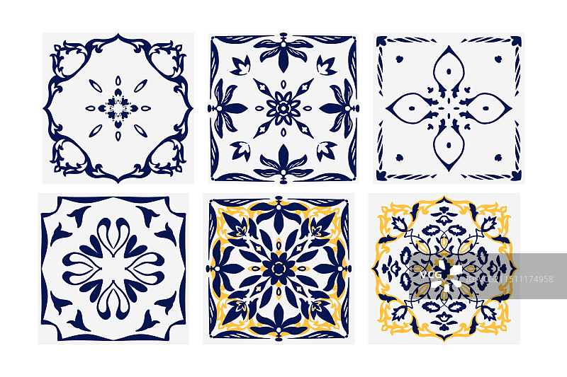 创意艺术蓝黄色花卉瓷砖图片素材