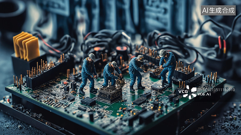 【AI数字艺术】专注维修：蓝色工人与电子电路板的工作场景图片素材
