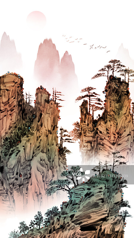 日出日落张家界山水风光手绘水墨意境山水画图片素材