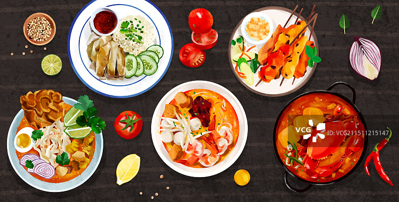 横版美食餐桌插画东南亚风味新加坡美食图片素材