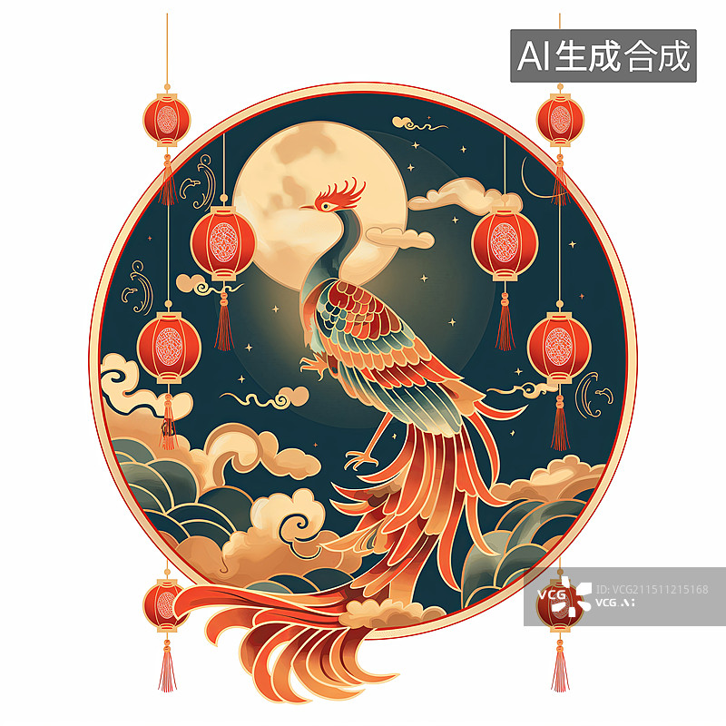 【AI数字艺术】凤凰和灯笼，新年插画图片素材