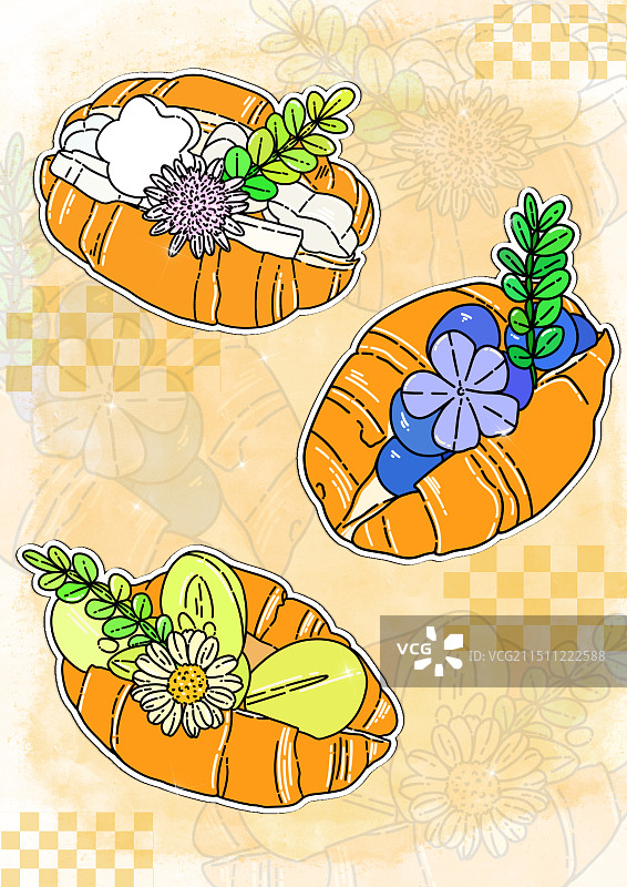 牛角包，蓝莓，线稿风插画图片素材