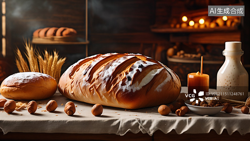 【AI数字艺术】桌上面包和厨房烘培图片素材