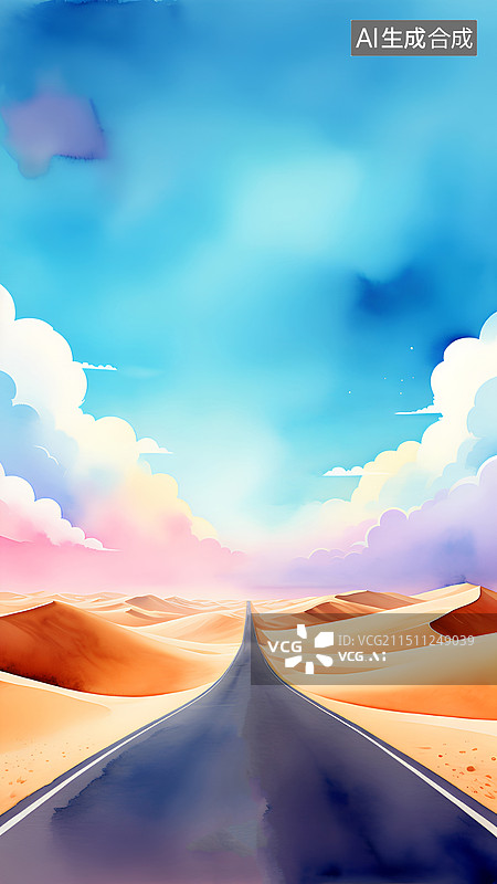 【AI数字艺术】水彩插画 沙漠公路 汽车广告背景图图片素材