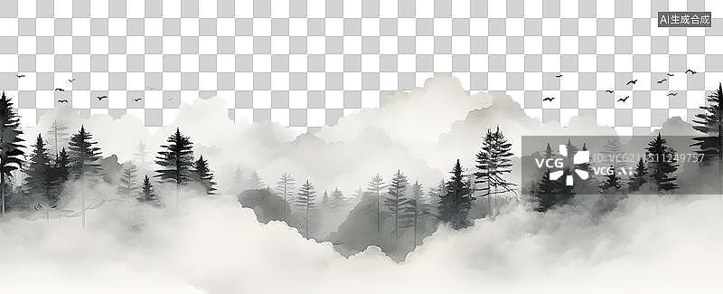 【AI数字艺术】:国风写意水墨山水 户外风景 雾 山 森林图片素材