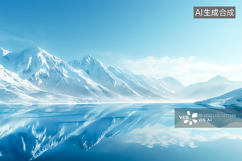 【AI数字艺术】白雪皑皑的高山映衬下的湖景图片素材