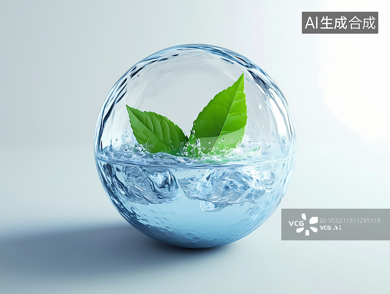 【AI数字艺术】水球中的绿叶图片素材